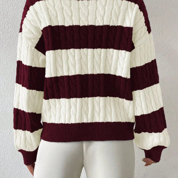 Red Violet Casual Women's Two Tone Cable Knit Drop Shoulder Sweater - Picture 2 of 6